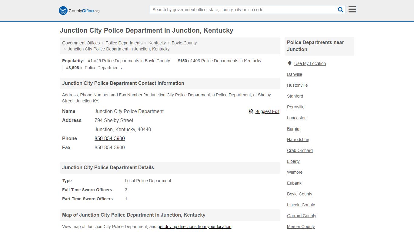 Junction City Police Department - Junction, KY (Address, Phone, and Fax)